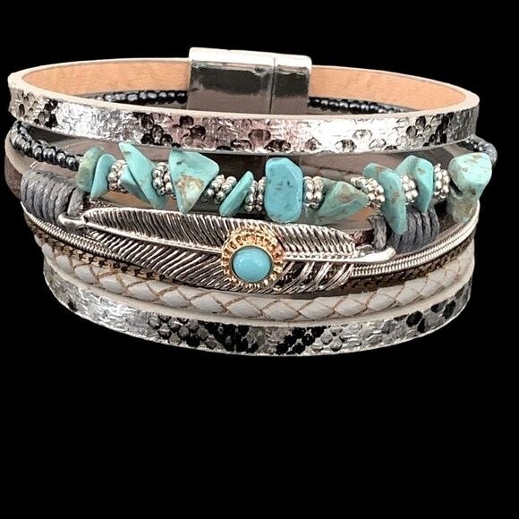Men’s Coastal Western Snakeskin Pattern Cuff Bracelet – Silver & Turquoise Color - Picture 1 of 11